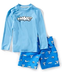 Nike Little Boys Long Sleeve Bubble Logo Hydroguard T-Shirt & Printed Swim Trunks Two-Piece Set