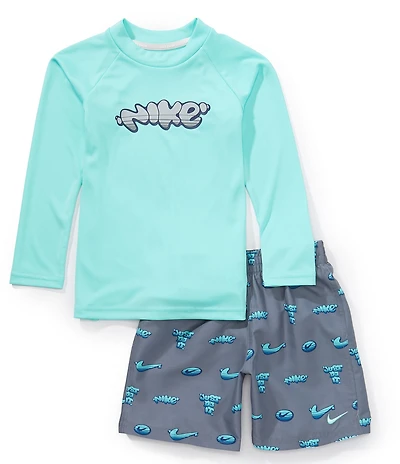 Nike Little Boys Long Sleeve Bubble Logo Hydroguard T-Shirt & Printed Swim Trunks Two-Piece Set