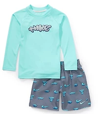 Nike Little Boys Long Sleeve Bubble Logo Hydroguard T-Shirt & Printed Swim Trunks Two-Piece Set