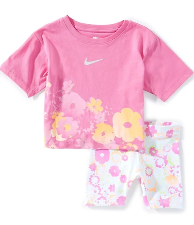 Nike Little Girls Short Sleeve Floral Printed/Swoosh Motif Short Sleeve T-Shirt & Biker Shorts Set