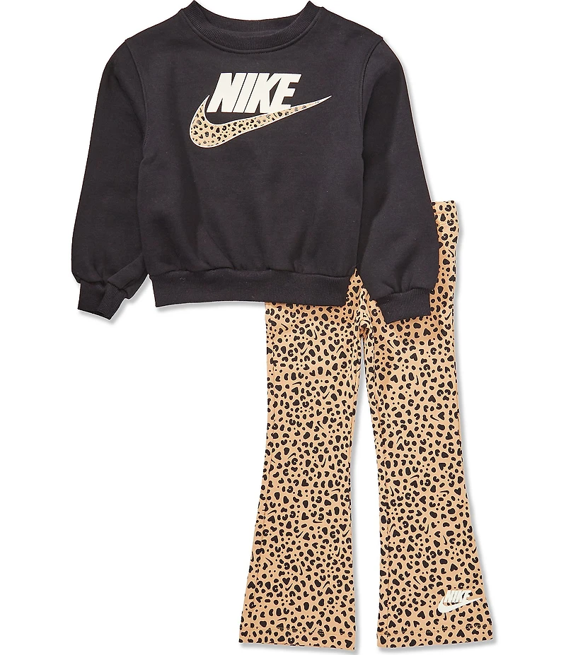 Nike Little Girls Long-Sleeve Logo-Detailed Sweatshirt & Animal-Printed Flare-Leg Leggings Set