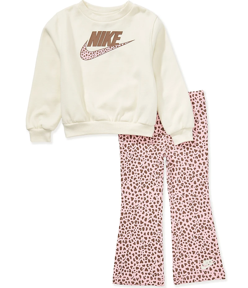 Nike Little Girls Long-Sleeve Logo-Detailed Sweatshirt & Animal-Printed Flare-Leg Leggings Set