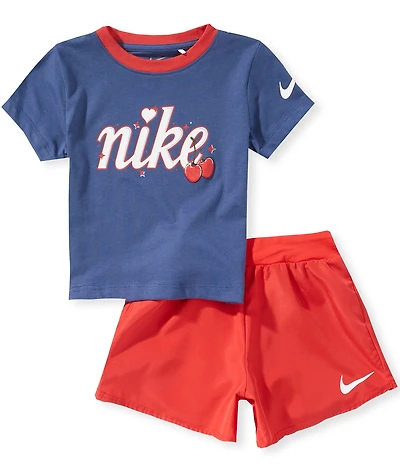 Nike Little Girls Short Sleeve Cherry Logo Graphic Tee & Shorts Set