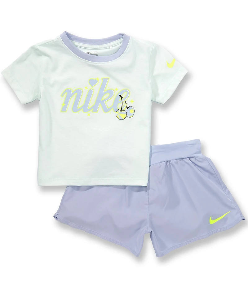 Nike Little Girls Short Sleeve Cherry Logo Graphic Tee & Shorts Set