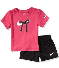 Nike Little Girls Short Sleeve Swoosh Ribbon Tee & Short 2-Piece Set