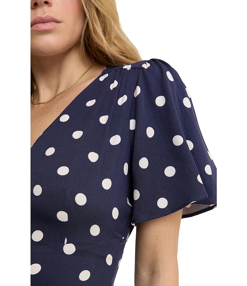 Nobody's Child Andie Polka Dot V-Neck Flutter Sleeve Button Front Dress