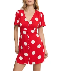 Nobody's Child Andie Red Polka Dot V-Neck Flutter Sleeve Button Front Dress