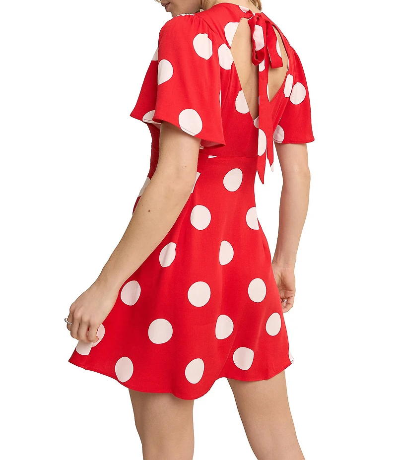Nobody's Child Andie Red Polka Dot V-Neck Flutter Sleeve Button Front Dress