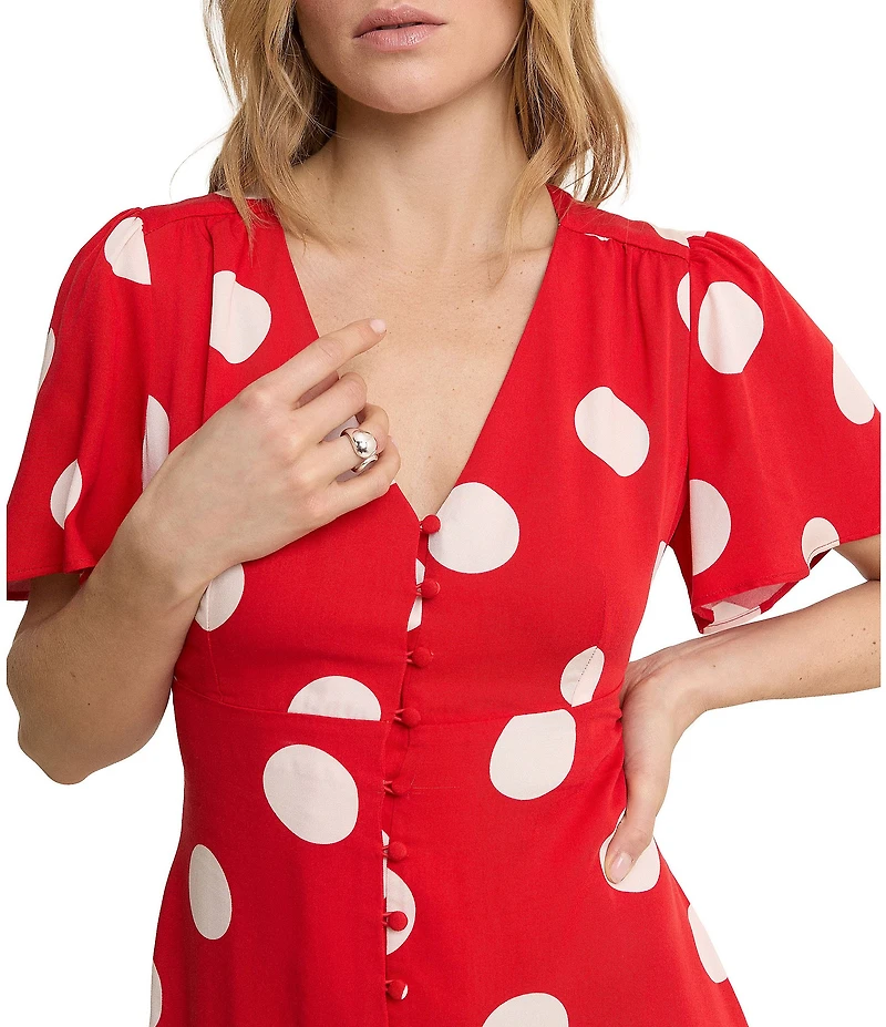 Nobody's Child Andie Red Polka Dot V-Neck Flutter Sleeve Button Front Dress