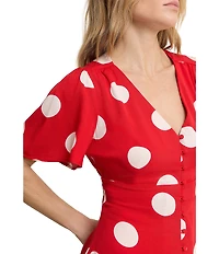 Nobody's Child Andie Red Polka Dot V-Neck Flutter Sleeve Button Front Dress