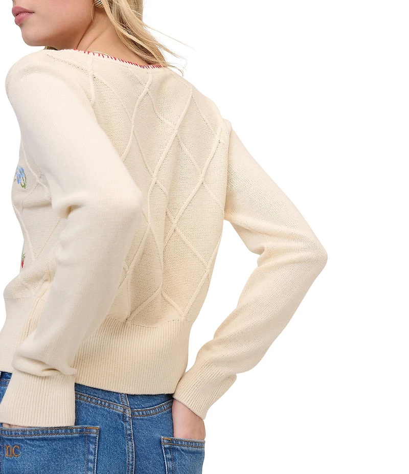 Nobody's Child Crew Neck Long Sleeve Strawberry Embroidered Knit Cardigan