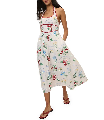 Nobody's Child Hallie Linen Blend Floral Print Halter Scoop Neck Midi Dress