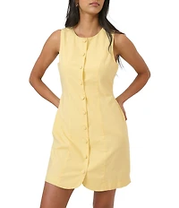 Nobody's Child Polly Linen Blend Crew Neck Sleeveless Button Front Mini Dress
