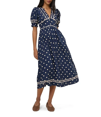 Nobody's Child Saffy Woven Polka Dot V-Neck Short Puff Sleeve Midi Dress