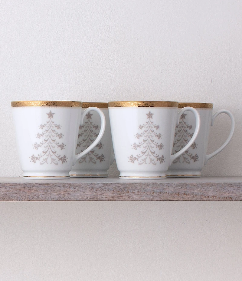 Noritake Charlotta Gold Set of 4 Holiday Tree Mugs