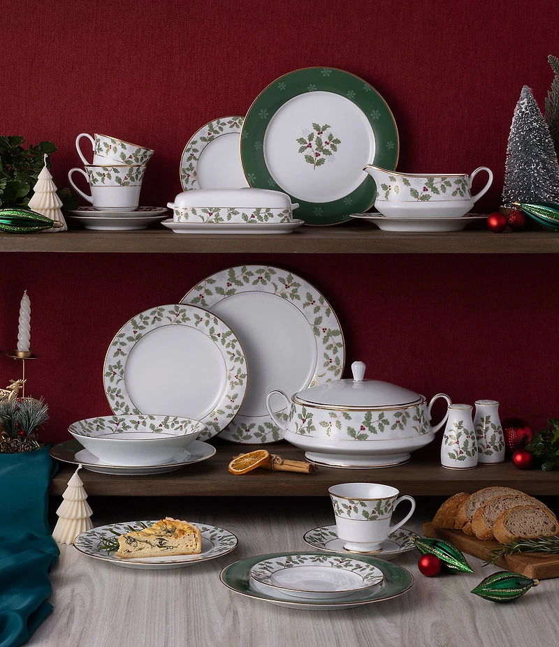 Noritake Holly & Berry Gold Collection Rim Dinner Bowls, Set of 4