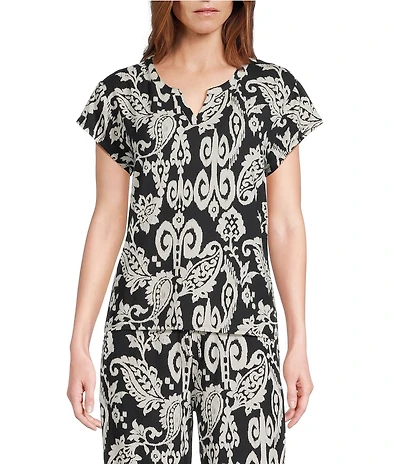 Nottibianche Ikat Paisley Print Short Sleeve Split Round Neck Coordinating Knit Sleep Top