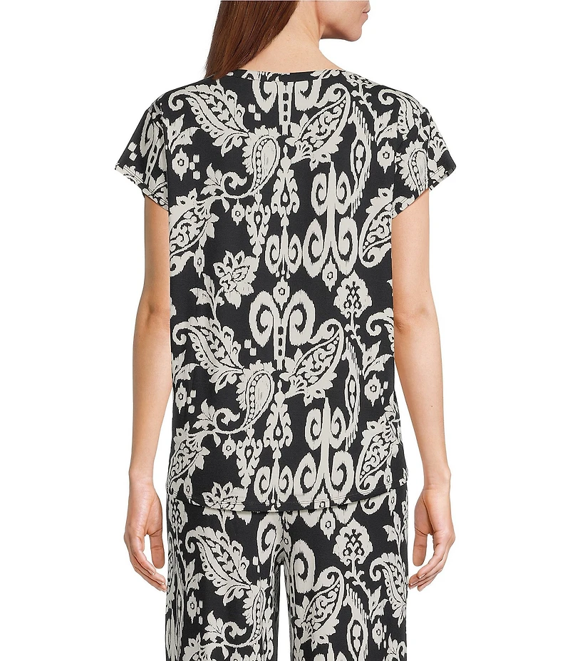 Nottibianche Ikat Paisley Print Short Sleeve Split Round Neck Coordinating Knit Sleep Top