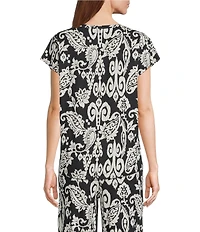 Nottibianche Ikat Paisley Print Short Sleeve Split Round Neck Coordinating Knit Sleep Top