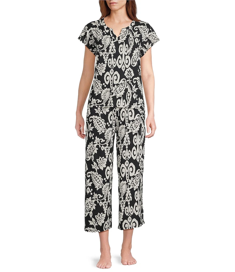 Nottibianche Ikat Paisley Print Short Sleeve Split Round Neck Coordinating Knit Sleep Top