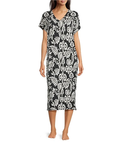 Nottibianche Ikat Paisley Print Short Sleeve V-Neck Knit Caftan