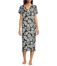 Nottibianche Ikat Paisley Print Short Sleeve V-Neck Knit Caftan