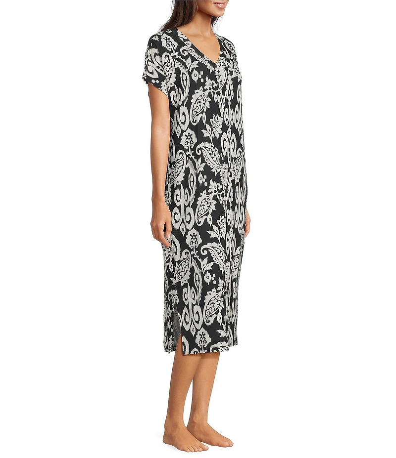 Nottibianche Ikat Paisley Print Short Sleeve V-Neck Knit Caftan