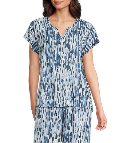 Nottibianche Ikat Print Split Round Neck Short Sleeve Coordinating Knit Sleep Top