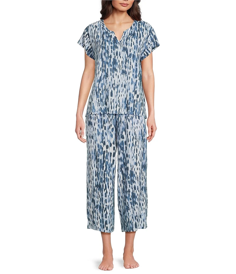 Nottibianche Ikat Print Split Round Neck Short Sleeve Coordinating Knit Sleep Top