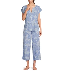 Nottibianche Knit Palm Tropical Print Split Round Neck Cap Sleeve Coordinating Sleep Top