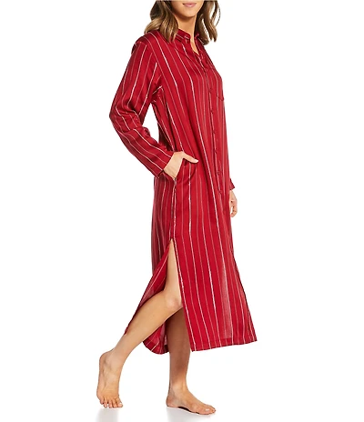 Nottibianche Long Sleeve Notch Collar Woven Satin Metallic Stripe Button Front Sleepshirt