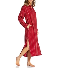 Nottibianche Long Sleeve Notch Collar Woven Satin Metallic Stripe Button Front Sleepshirt