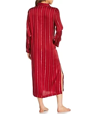Nottibianche Long Sleeve Notch Collar Woven Satin Metallic Stripe Button Front Sleepshirt