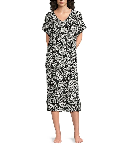 Nottibianche Moody Ikat Print Short Sleeve V-Neck Pocketed Knit Caftan