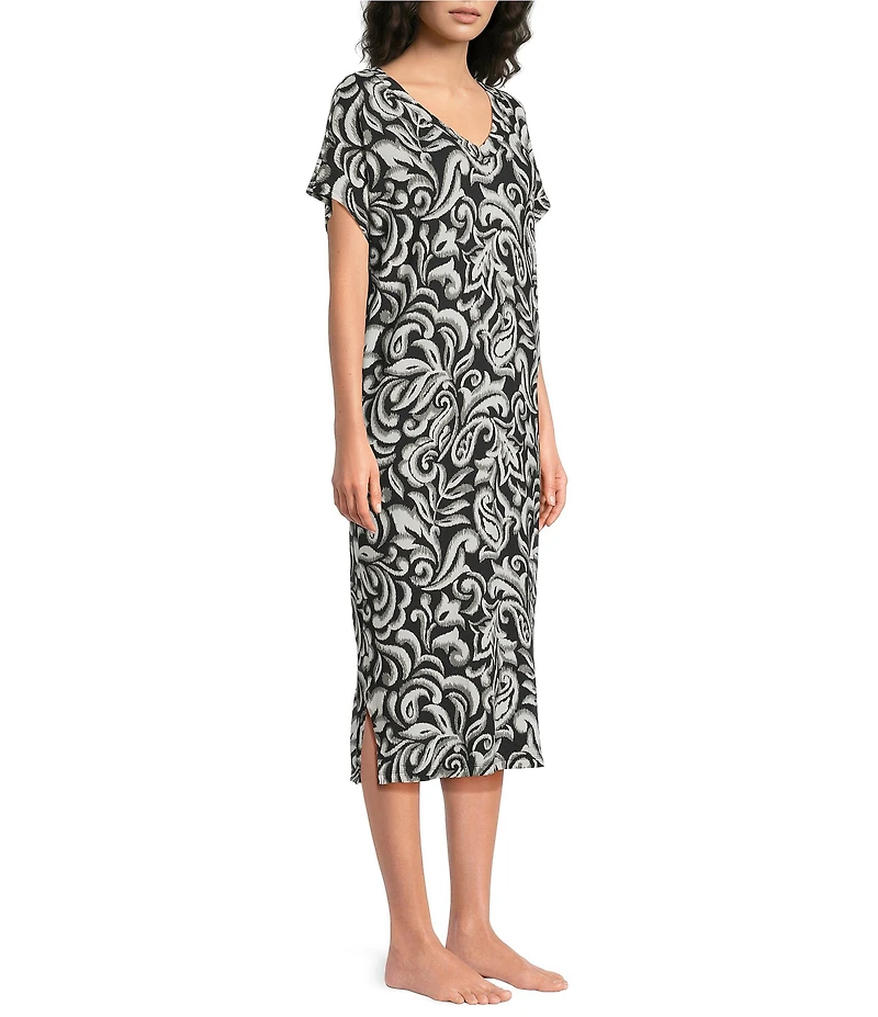 Nottibianche Moody Ikat Print Short Sleeve V-Neck Pocketed Knit Caftan