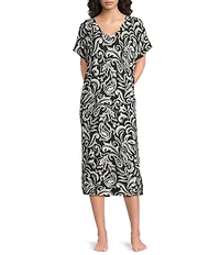 Nottibianche Moody Ikat Print Short Sleeve V-Neck Pocketed Knit Caftan