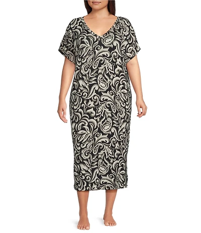 Nottibianche Plus Size Ikat Print Short Sleeve V-Neck Knit Caftan