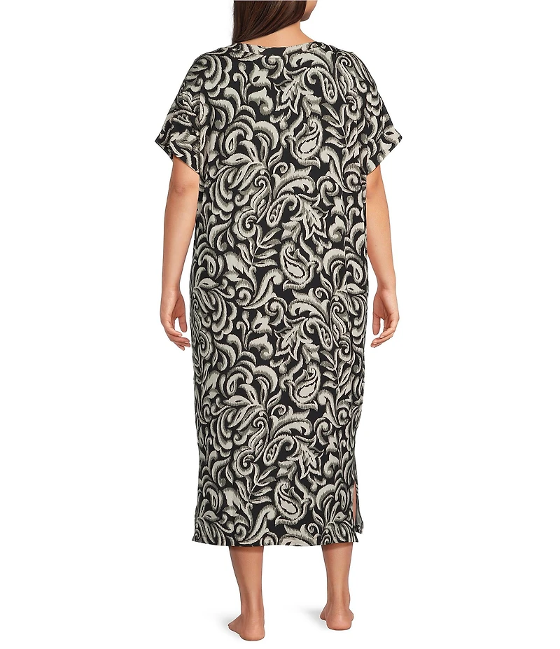 Nottibianche Plus Size Ikat Print Short Sleeve V-Neck Knit Caftan