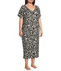 Nottibianche Plus Size Ikat Print Short Sleeve V-Neck Knit Caftan
