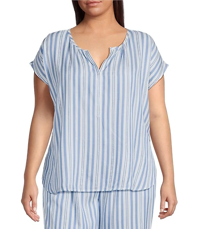 Nottibianche Plus Size Striped Split Round Neck Cap Sleeve Coordinating Woven Sleep Top