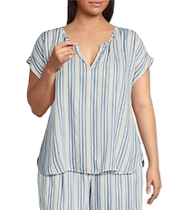 Nottibianche Plus Size Striped Split Round Neck Cap Sleeve Coordinating Woven Sleep Top