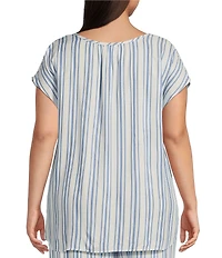 Nottibianche Plus Size Striped Split Round Neck Cap Sleeve Coordinating Woven Sleep Top
