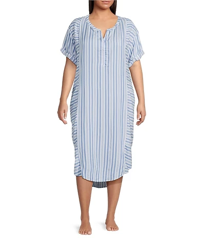 Nottibianche Plus Size Striped Split Round Neck Short Sleeve Woven Caftan
