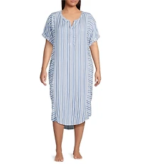 Nottibianche Plus Size Striped Split Round Neck Short Sleeve Woven Caftan