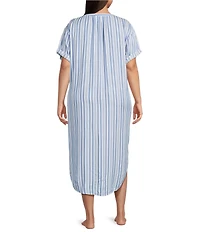 Nottibianche Plus Size Striped Split Round Neck Short Sleeve Woven Caftan