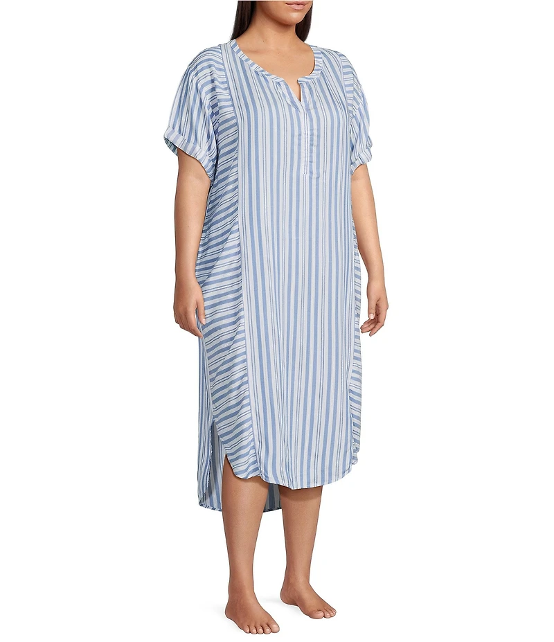 Nottibianche Plus Size Striped Split Round Neck Short Sleeve Woven Caftan