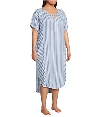 Nottibianche Plus Size Striped Split Round Neck Short Sleeve Woven Caftan