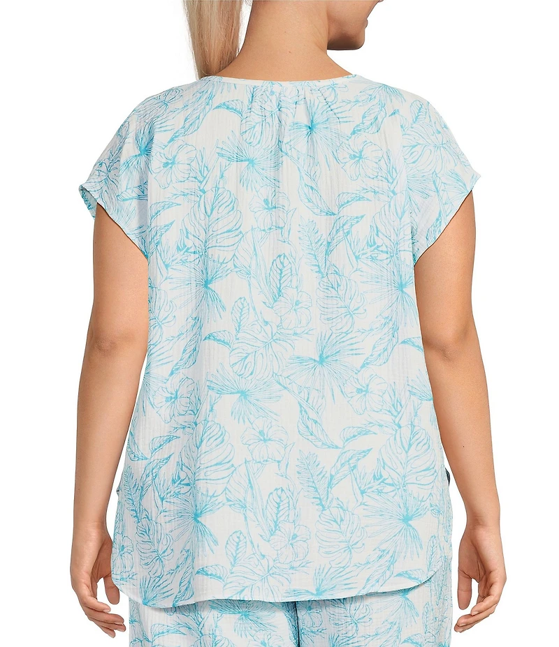 Nottibianche Plus Size Woven Double Cloth Palm Print Cap Sleeve Split Round Neck Coordinating Sleep Top
