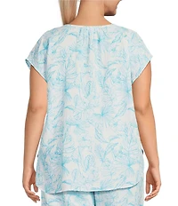 Nottibianche Plus Size Woven Double Cloth Palm Print Cap Sleeve Split Round Neck Coordinating Sleep Top