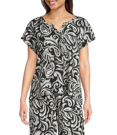 Nottibianche Short Sleeve Split Round-Neck Moody Ikat Print Coordinating Knit Sleep Top